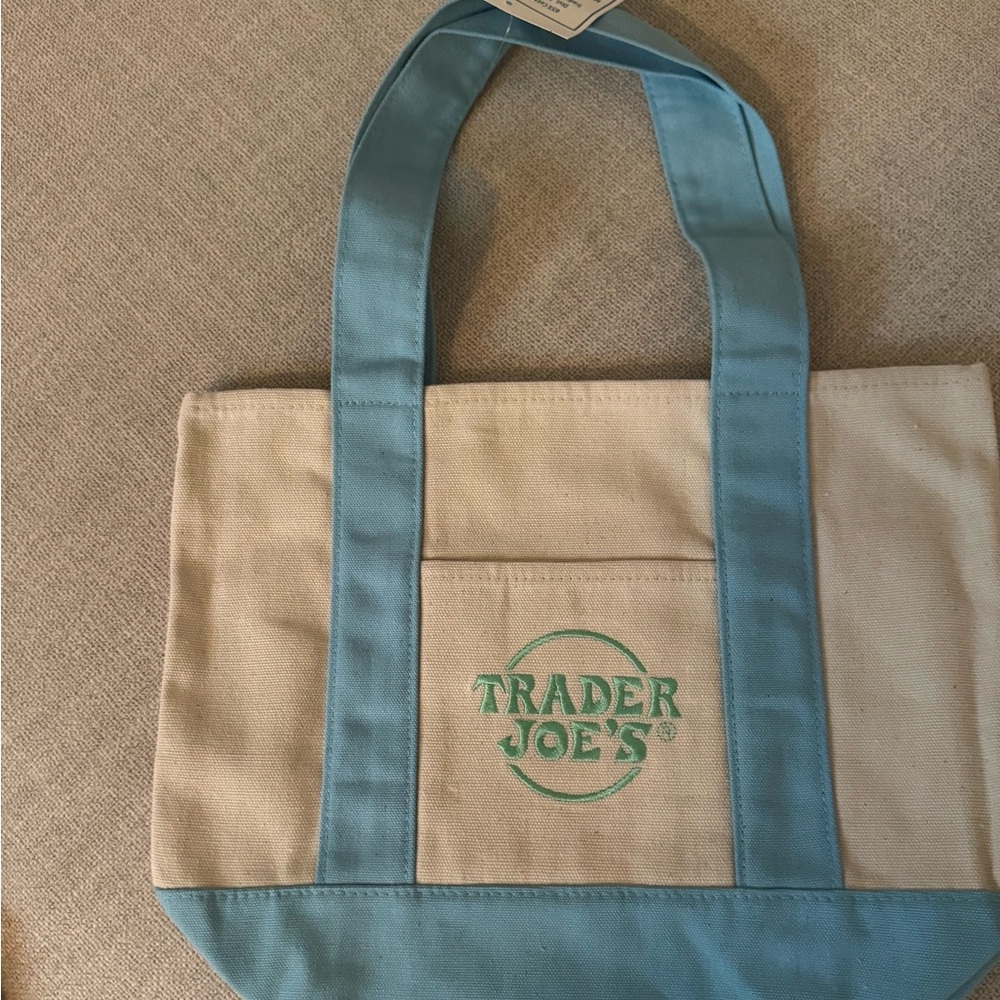 Trader Joe's Cream and Light Blue Canvas Tote Bag